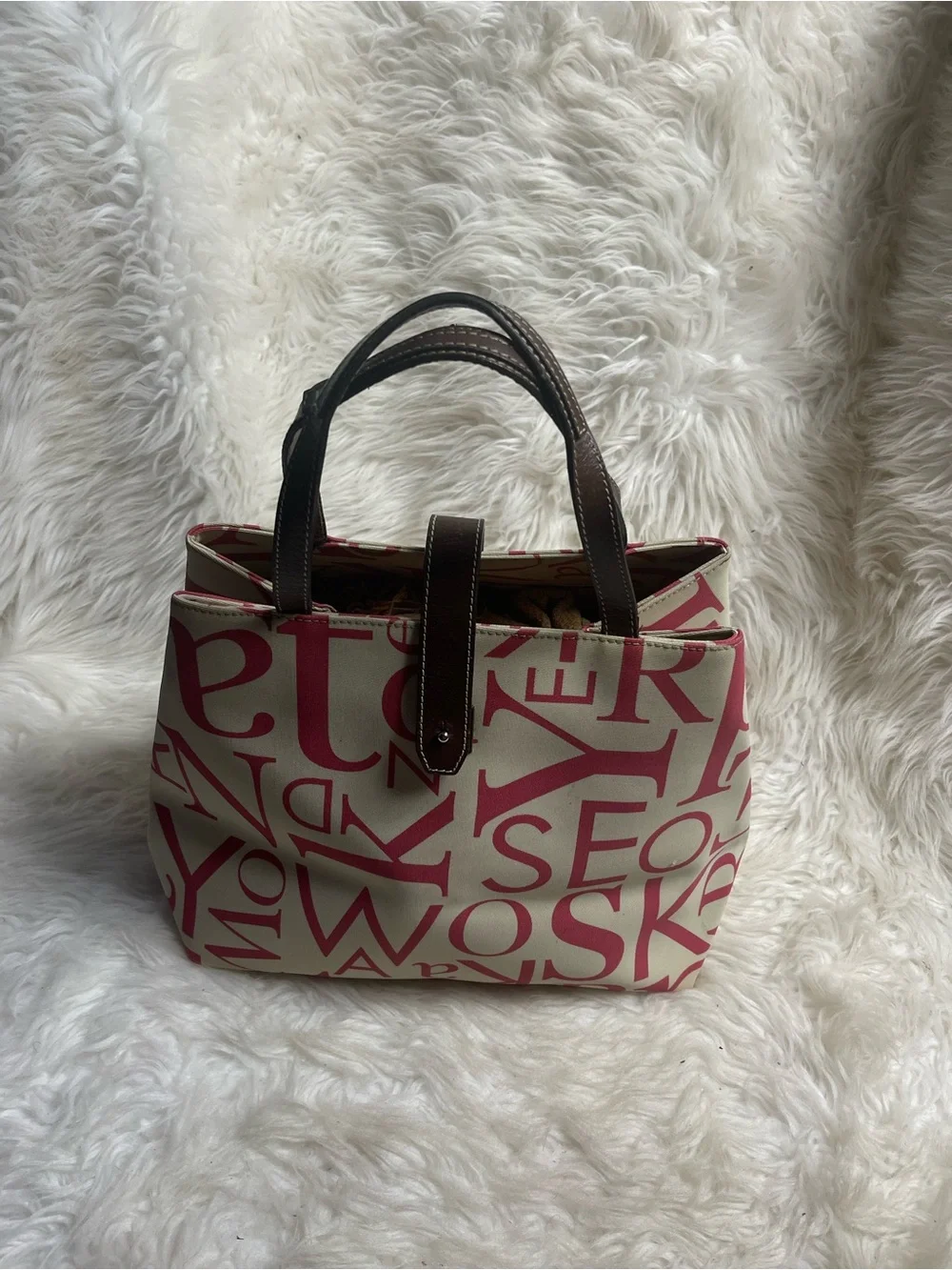 Kate Spade Beige & hot Pink Printed Canvas satchel with leather Brown Handles